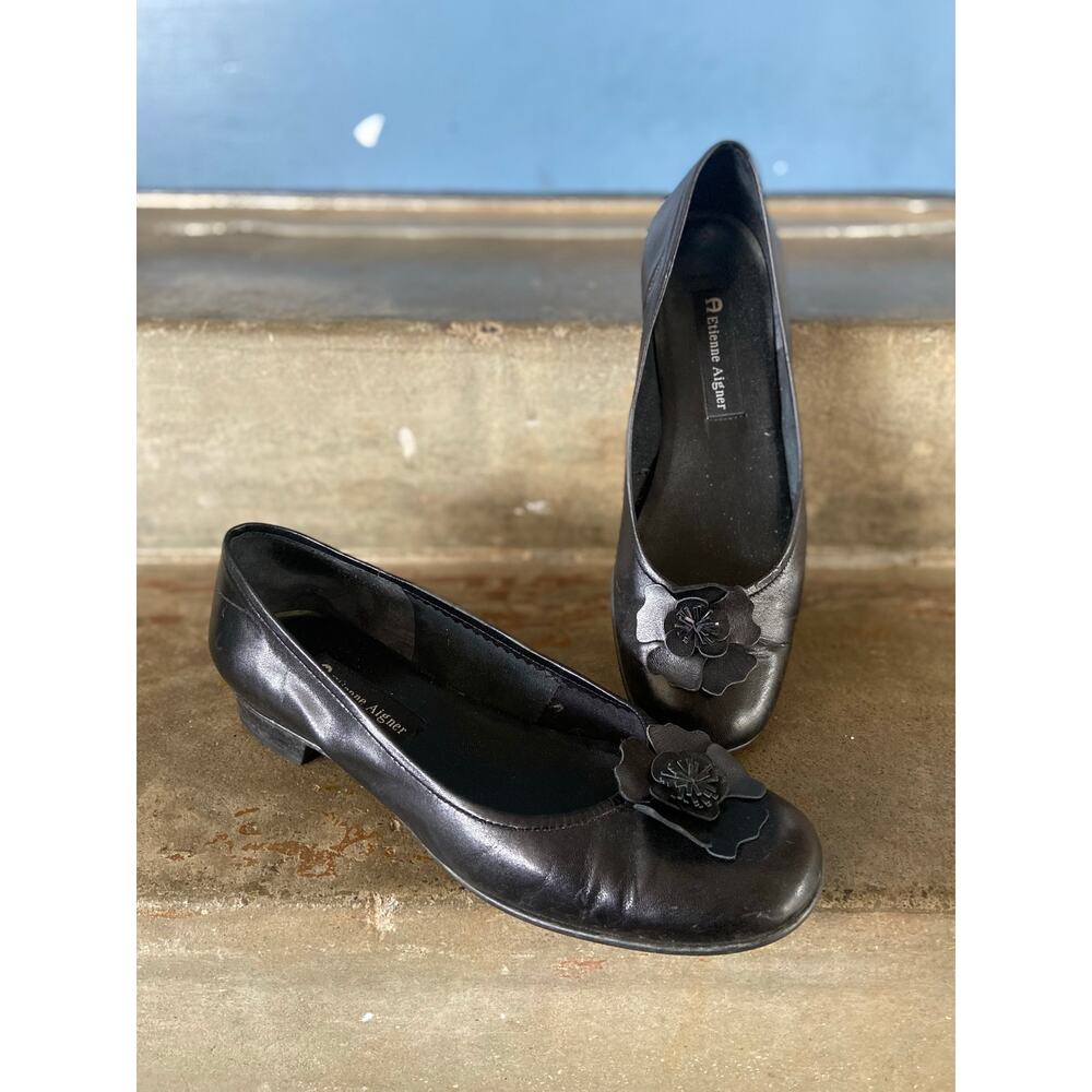 Etienne Aigner Rosette black leather ballet style flat with flower detail